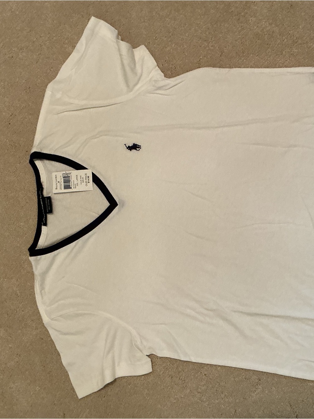 Ralph Lauren White V-Neck Tee with Navy Logo and Trim